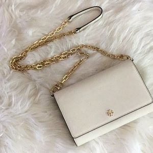 Tory Burch Cream Leather Crossbody Bag with Gold Chain Strap